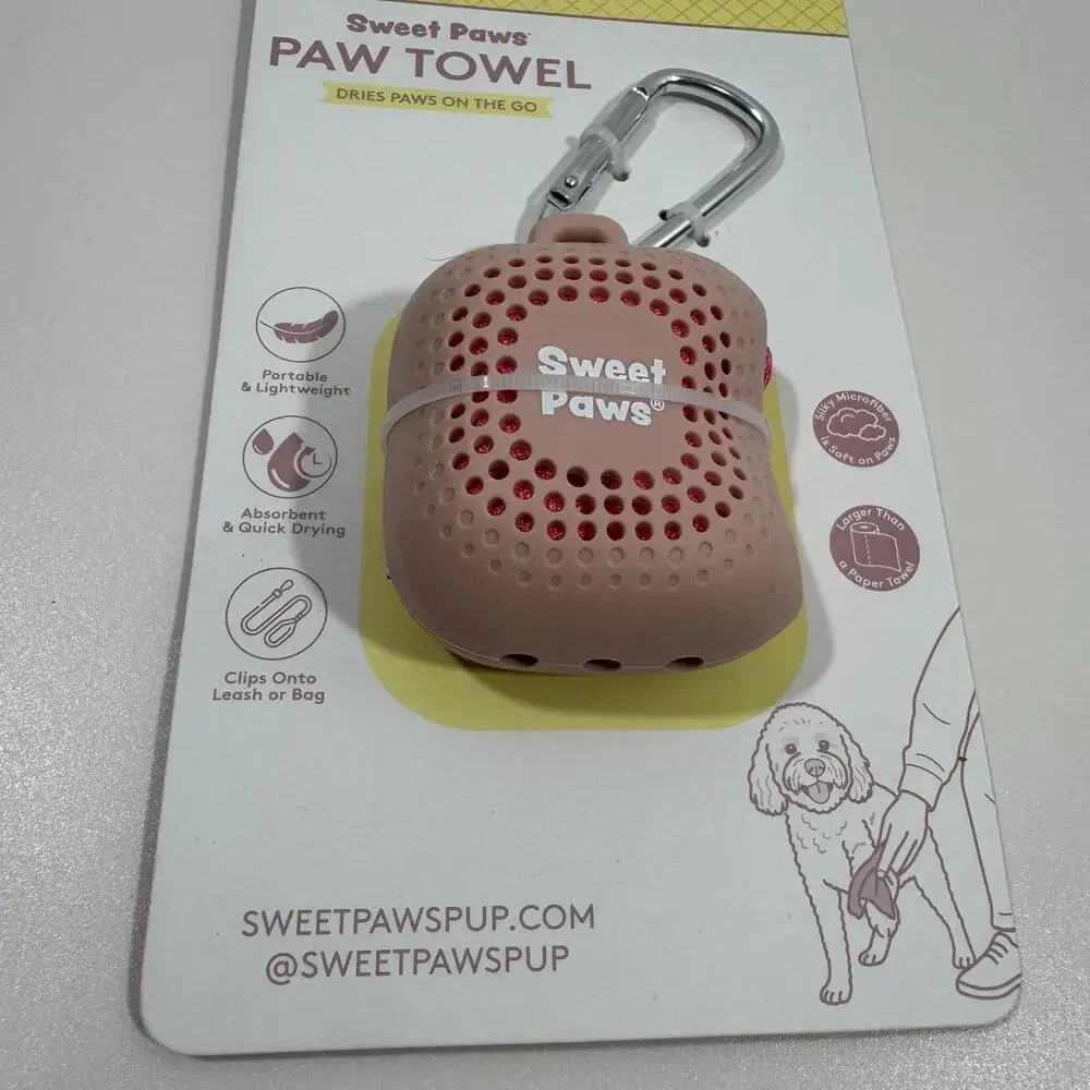 Sweet Paws Pup Paw Towel On the Go Portable Clip Absorbent Microfiber Pink New